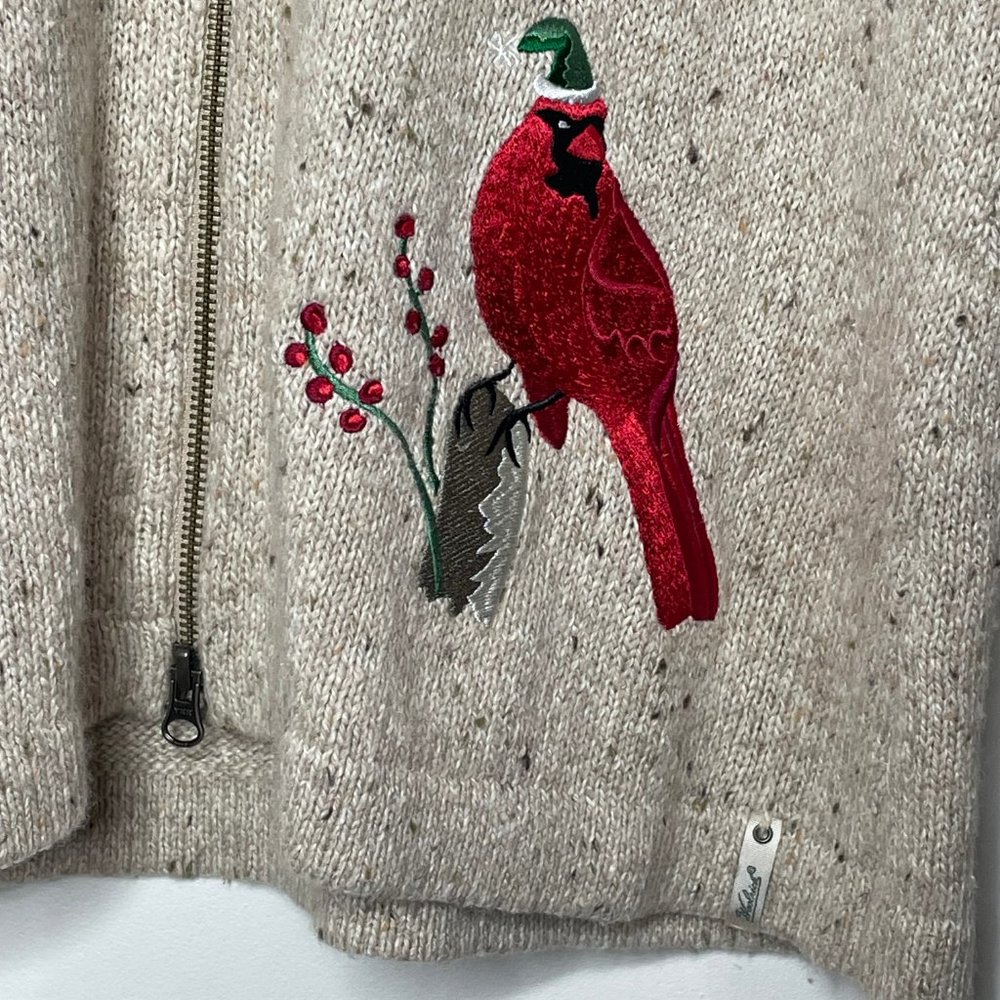 Woolrich Embroidery Cardinal Zip Wool Blend Holiday Cardigan Sweater Oatmeal L - Picture 2 of 14